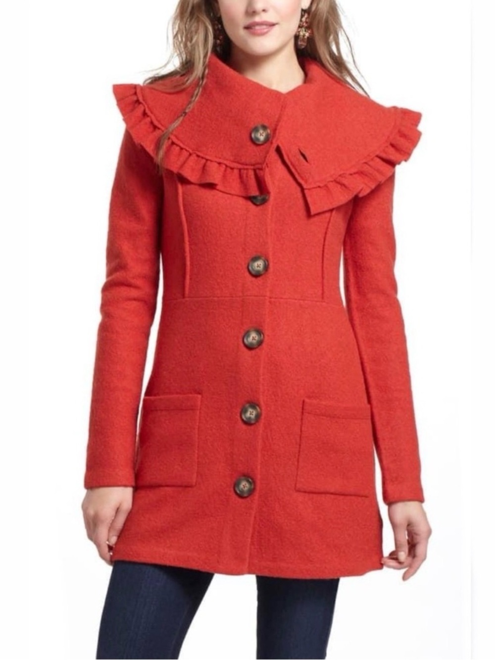Anthropologie HWR Herlev Boiled Wool Sweater Coat FLAWS XL red orange pea button